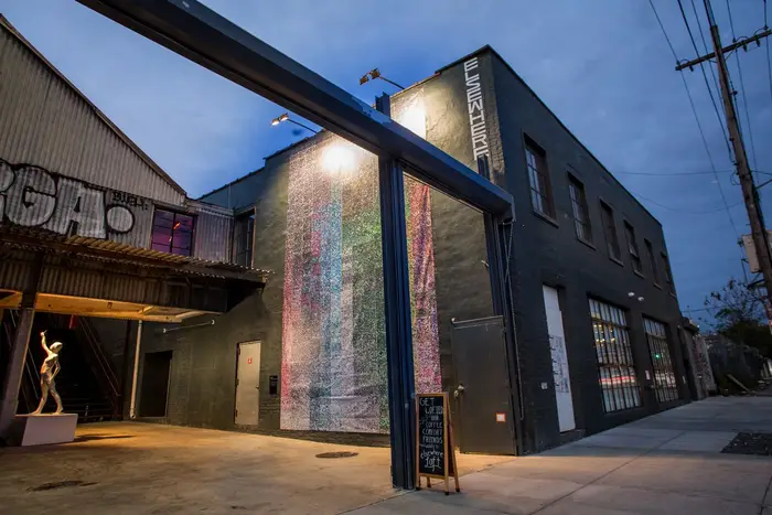The seemingly deserted exterior of Elsewhere, a live music venue and art space in Brooklyn.